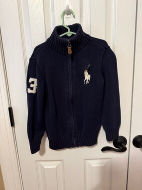 Ralph Lauren Navy Zip Front Knit Sweater with Pony & Sleeve Number